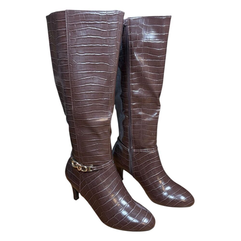 KAREN SCOTT Womens Brown Chain Croc Wide Calf Hanna Almond Kitten Heel Boots7.5M